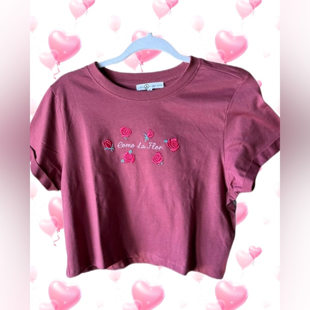 💗Love Peace & Lazy Days Embroidered Rose T-Shirt Crop Top Size S, NWT